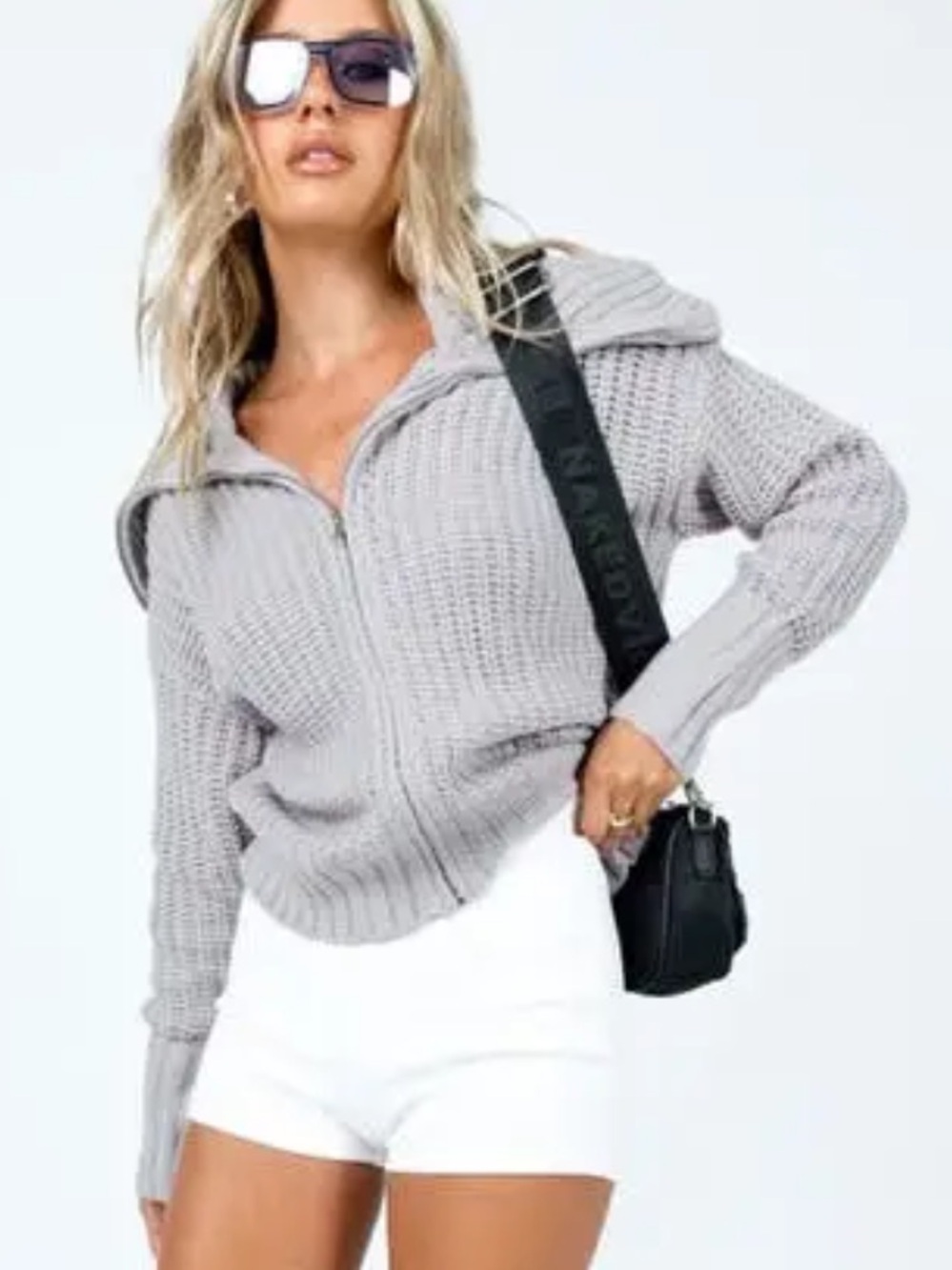 Princess Polly Liana Front Zip Grey Chunky Ribbed Knit Sweater Oversized Collar